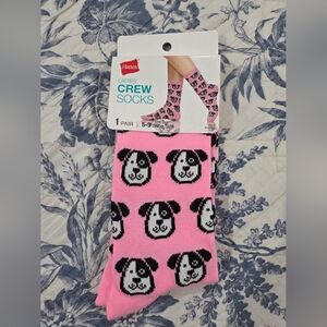 Hanes Pink Crew Socks with Black & White Dog Faces